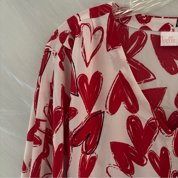 Belle by Kim Gravel White/Red Hearts on Fire V-Neck Ruched Tie Sleeve Blouse - Picture 4 of 13